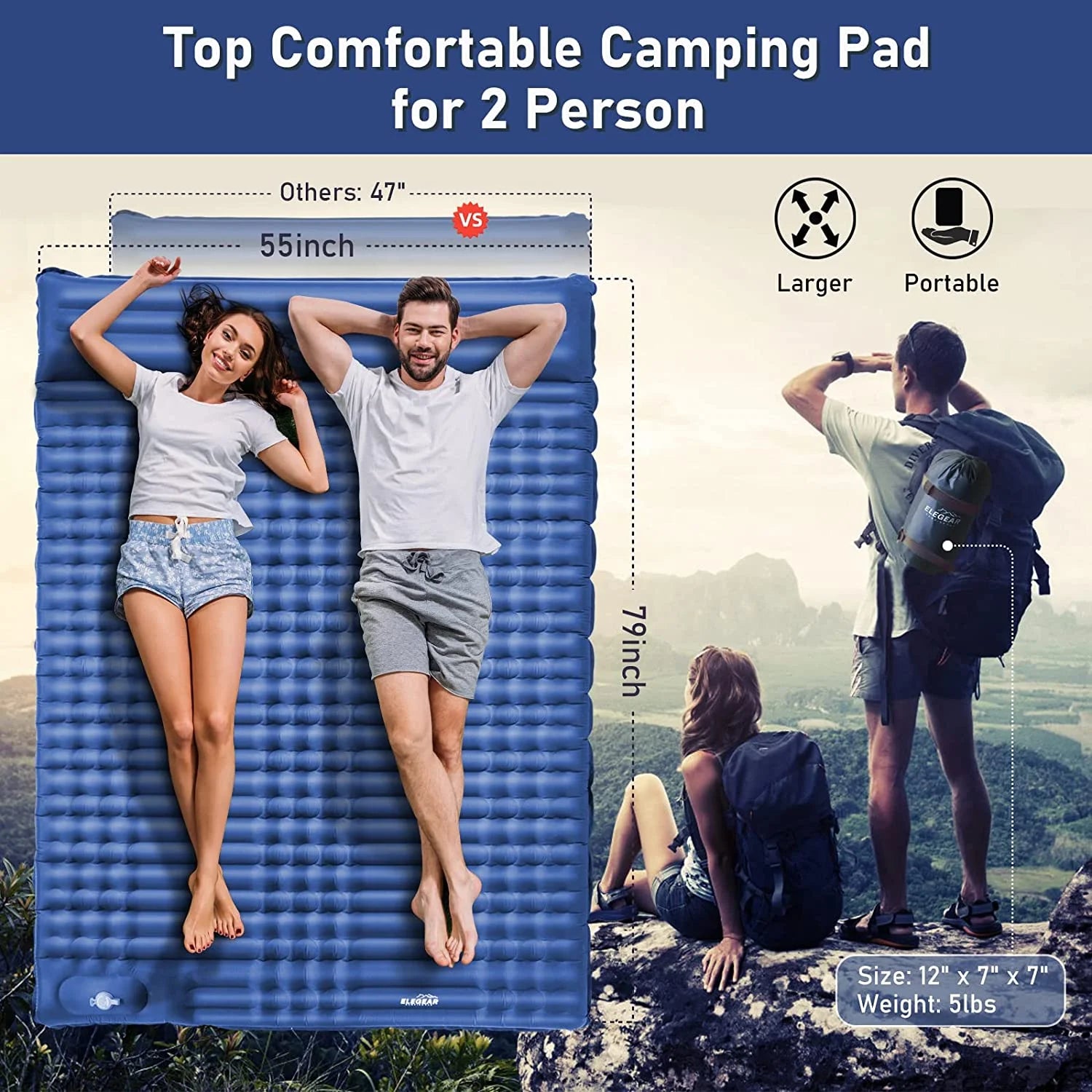 Double Sleeping Pad for Camping, 4" Extra-Thick Queen Camping Pad 2 Person with Pillow Built-In Foot Pump Inflatable Sleeping Mat for Backpacking Hiking Traveling Tent