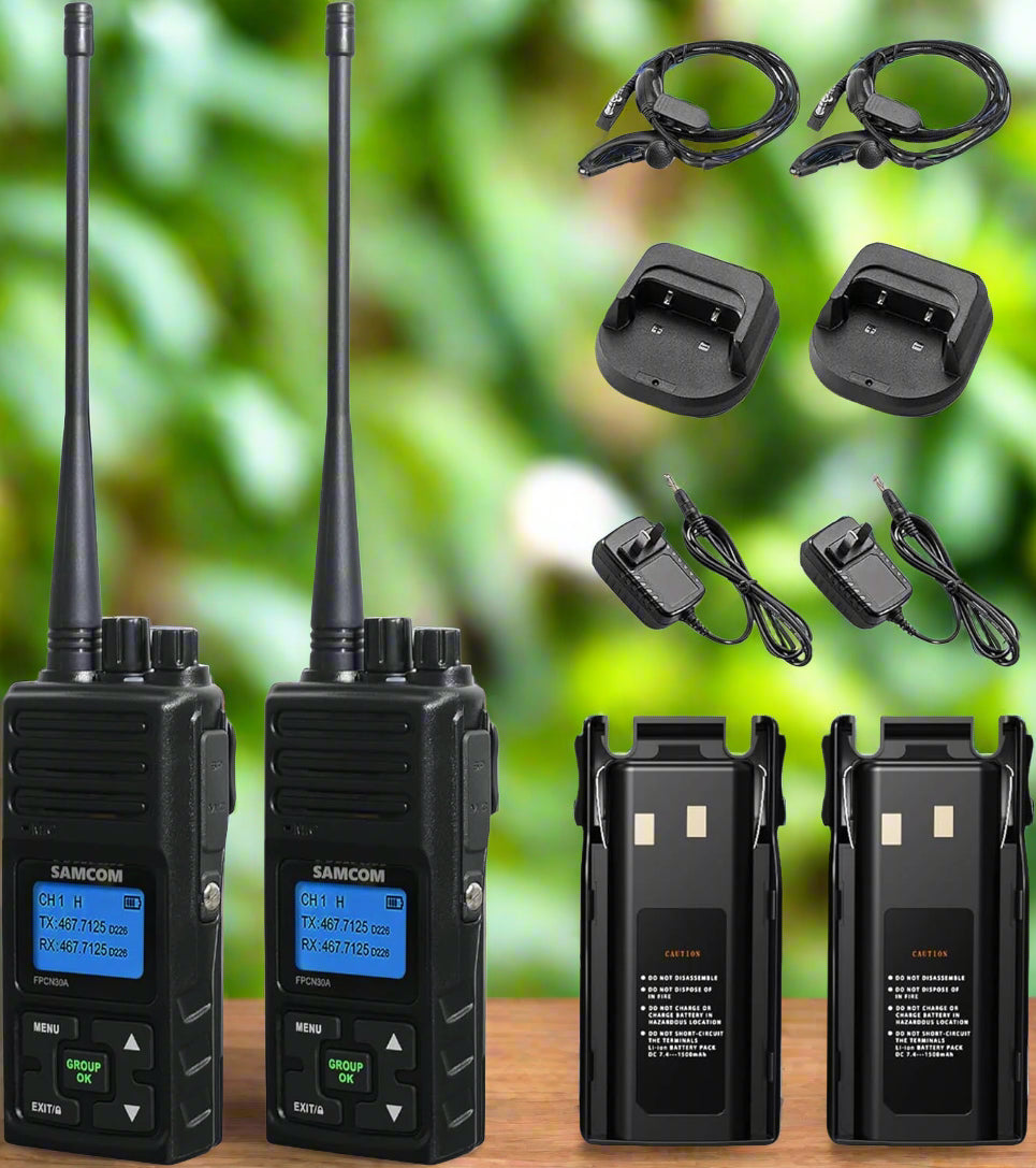 Image of SAMCOM long-range rechargeable radios (6 pcs), featuring a durable design, powerful signal penetration, and group communication capability, ideal for emergency preparedness and outdoor use, displayed on a clean white background.
