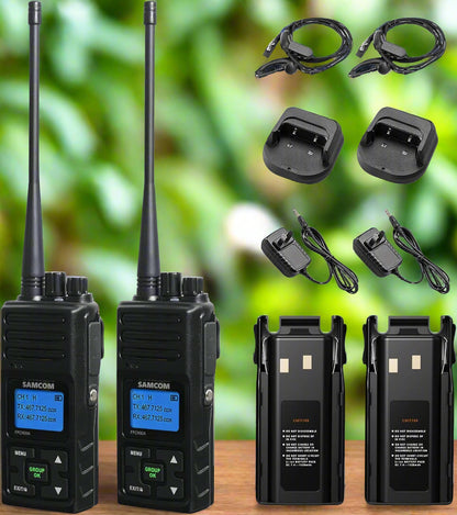 Image of SAMCOM long-range rechargeable radios (6 pcs), featuring a durable design, powerful signal penetration, and group communication capability, ideal for emergency preparedness and outdoor use, displayed on a clean white background.
