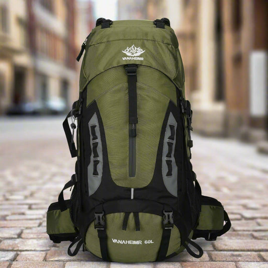 "60L Waterproof Travel Backpack with rain cover - perfect for hiking, camping, and outdoor adventures for men and women."
