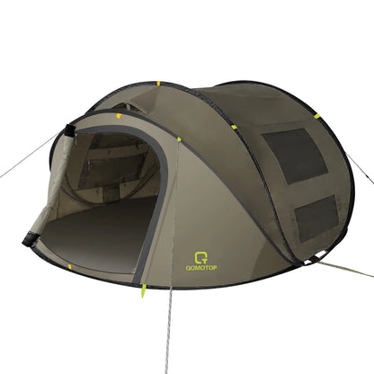 "4-Person Pop-Up Camp Tent - waterproof with large side screen windows and easy automatic setup in green."

