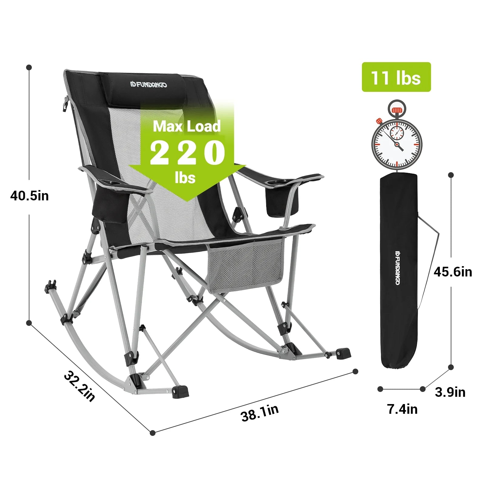 2 Pack Camping Rocking Chairs Folding Swing Chair Lounger with Headrest for Adult Support 220Lbs Black