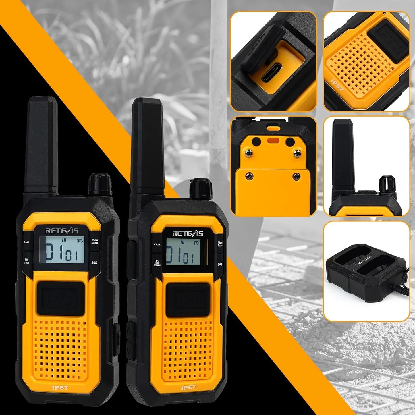 RB48 Heavy Duty Walkie Talkies,Waterproof Two Way Radio,Shock-Resistant,2000 Mah,Emergency,2 Way Radio Long Range for Job Site (4 Pack)