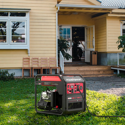 Image of a 4450-watt gas-powered inverter generator, featuring a compact design and EPA compliance, perfect for outdoor adventures and home backup, displayed on a clean white background.
