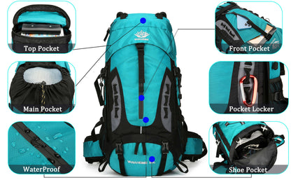 "TrekMate 60L Waterproof Travel Backpack with rain cover - perfect for hiking, camping, and outdoor adventures."
