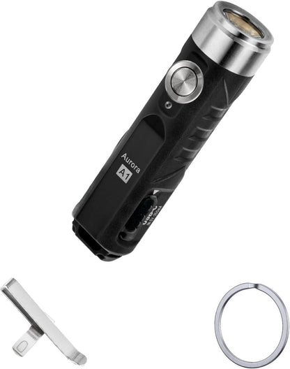 "Rovyvon Aurora A1 LED Keychain Flashlight - 650 lumens, compact, USB-C rechargeable, with lock mode for outdoor emergencies."
