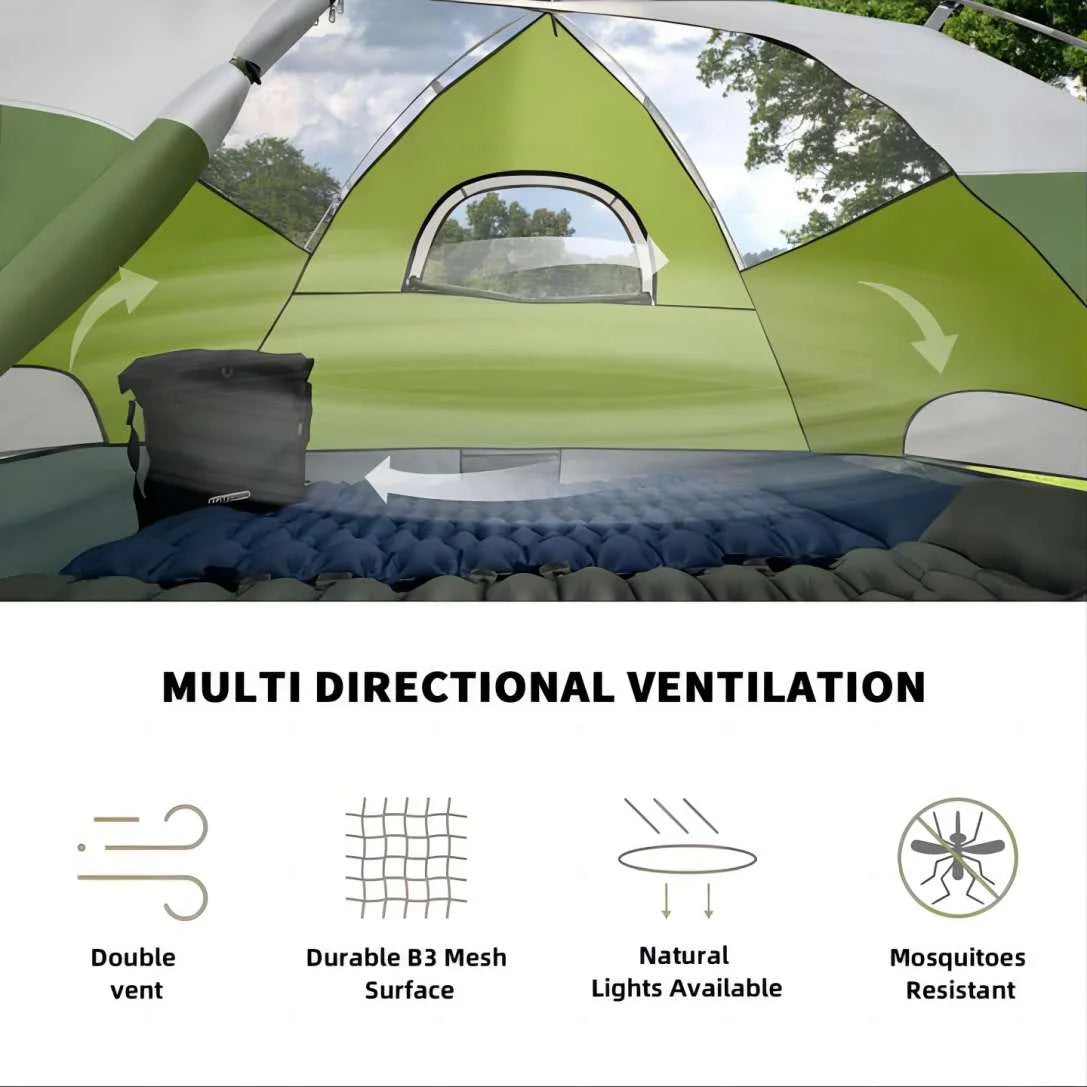 Image of an ultralight 5lb waterproof emergency prep tent, featuring durable materials, ventilated design, and gear organization options, ideal for camping and bug-out bags, displayed on a clean white background.
