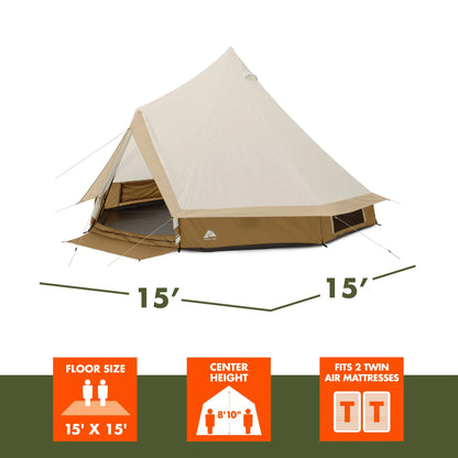 "8-Person Instant Cabin Tent set up in a campsite, showcasing its spacious interior, LED lighted poles, and durable design."
