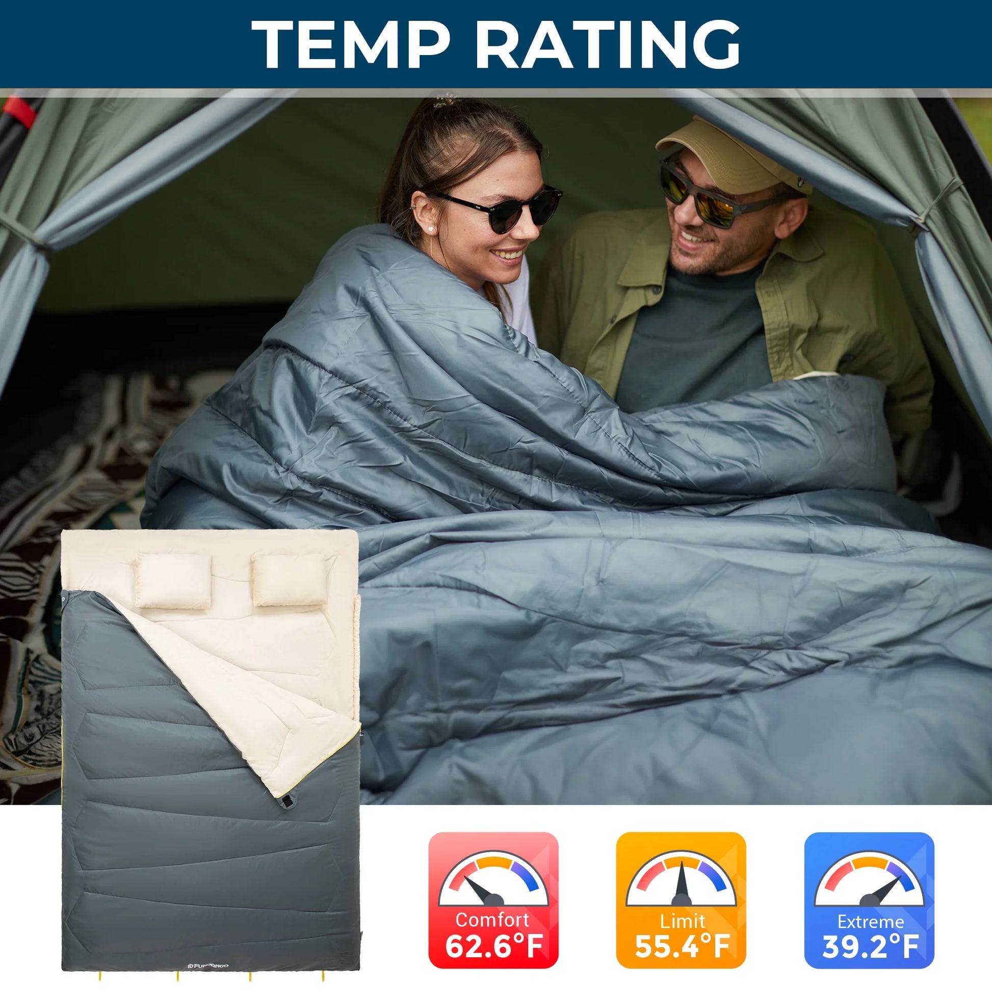 Image of a grey convertible sleeping bag with two pillows, featuring a 190T water-resistant shell, spacious queen-sized design, and compact storage capability, displayed on a clean white background.
