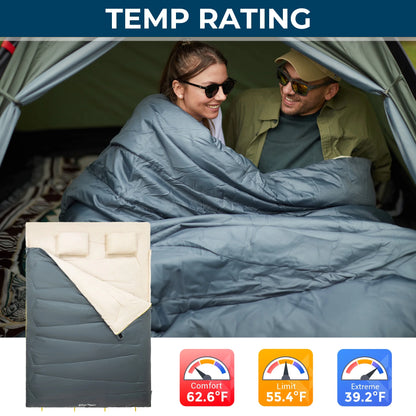 Image of a grey convertible sleeping bag with two pillows, featuring a 190T water-resistant shell, spacious queen-sized design, and compact storage capability, displayed on a clean white background.
