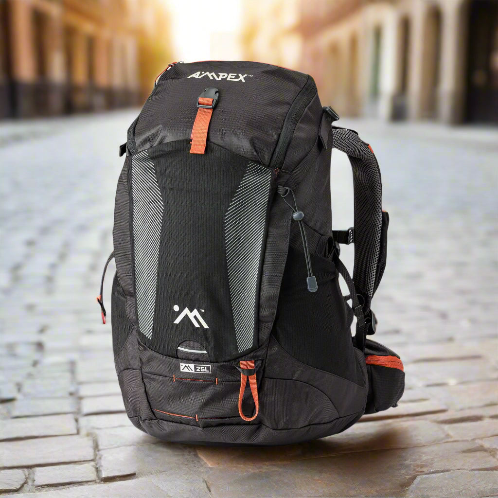 AMPEX Cahill 25L Lightweight Hiking Backpack in black, featuring a compact 25L capacity, hydration bladder compatibility, and adjustable straps for comfort. Includes a ventilated mesh back panel, perfect for hiking, nature walks, and outdoor adventures.