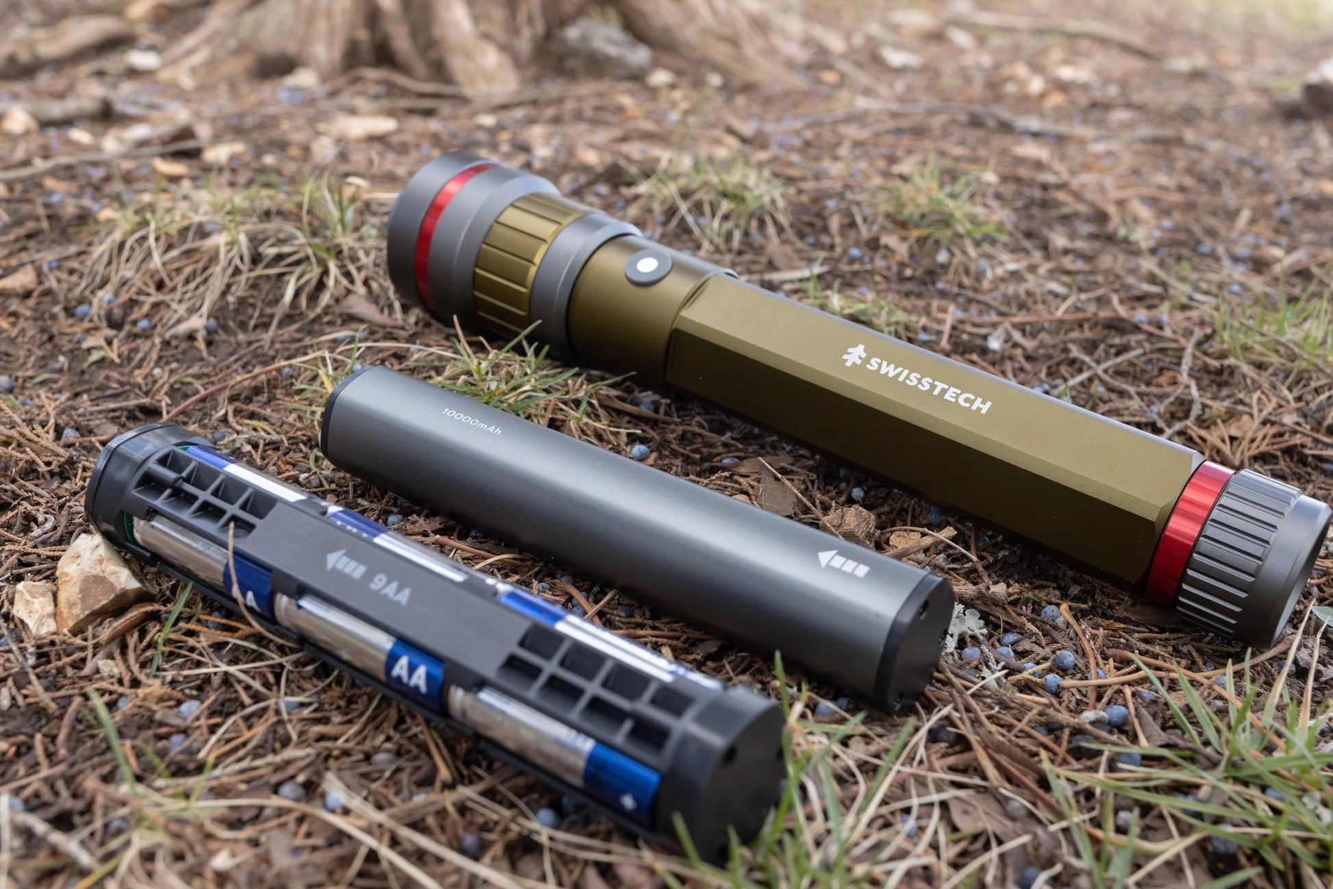 "6500 Lumen Rechargeable LED Flashlight - dual power AA/USB, built-in charging bank, and IP67 waterproof design."
