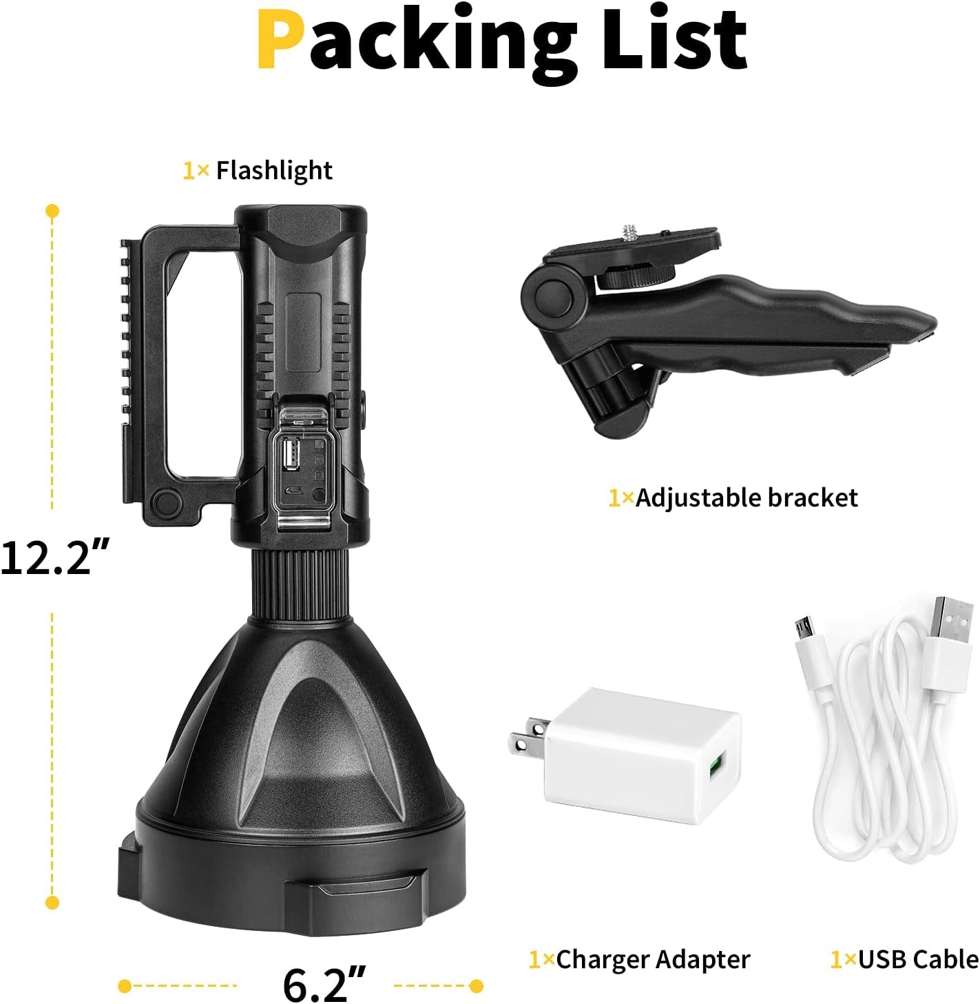 "Ultimate Super Bright Rechargeable LED Spotlight - 8000 lumens, 4 modes, waterproof design, tripod adapter, and USB cable included."
