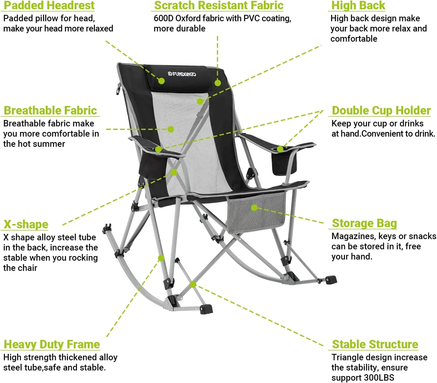 2 Pack Camping Rocking Chairs Folding Swing Chair Lounger with Headrest for Adult Support 220Lbs Black