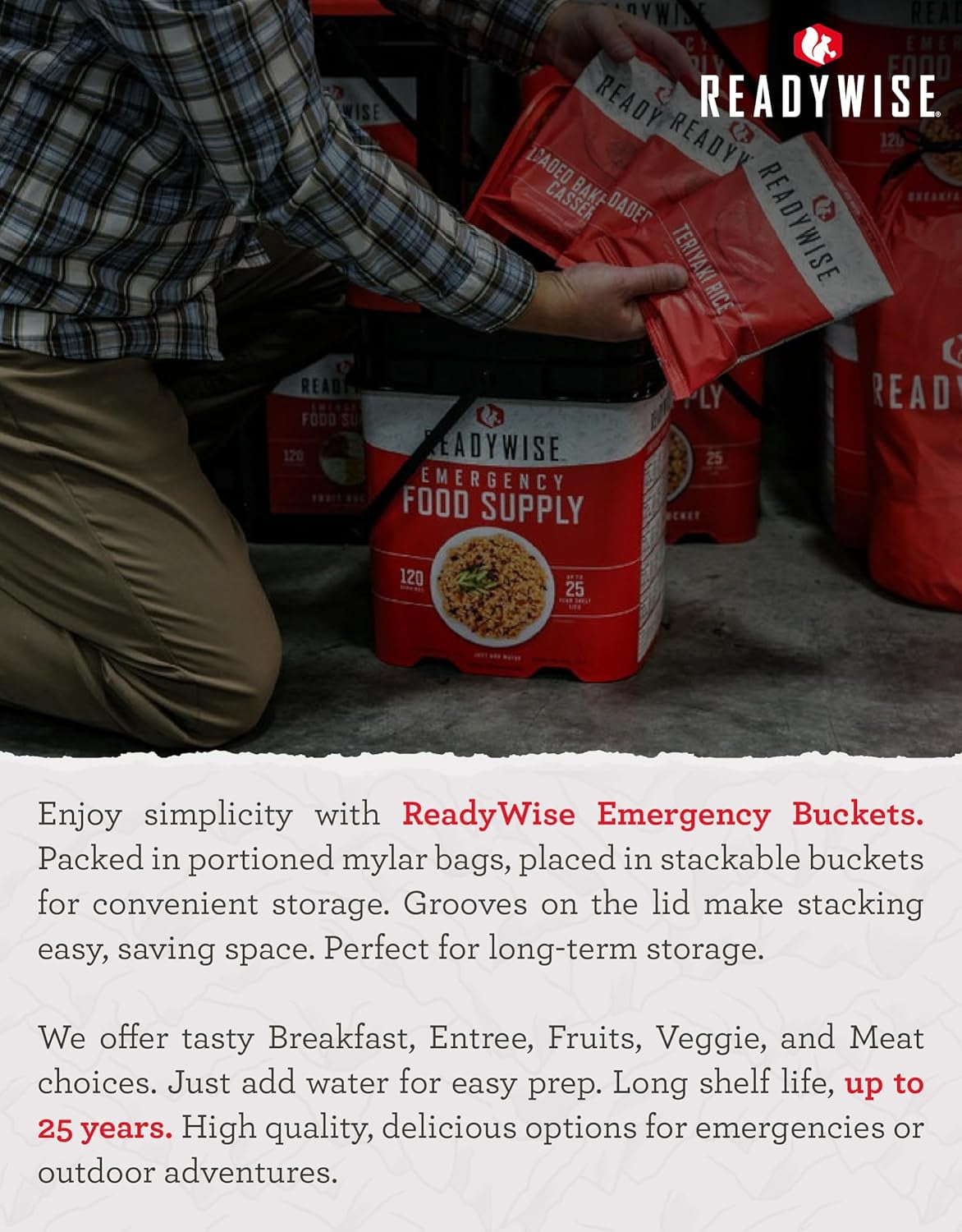 READYWISE - Entrée Grab & Go Bucket, 60 Servings, Emergency, MRE Supply, Premade, Freeze Dried Survival Food for Hiking, Adventure & Camping Essentials, Individually Packaged, 25 Year Shelf Life