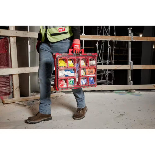 Image of a Milwaukee PACKOUT First Aid Kit featuring 193 essential pieces, a durable weather-sealed case, and a bonus 20oz red tumbler, displayed on a clean white background.
