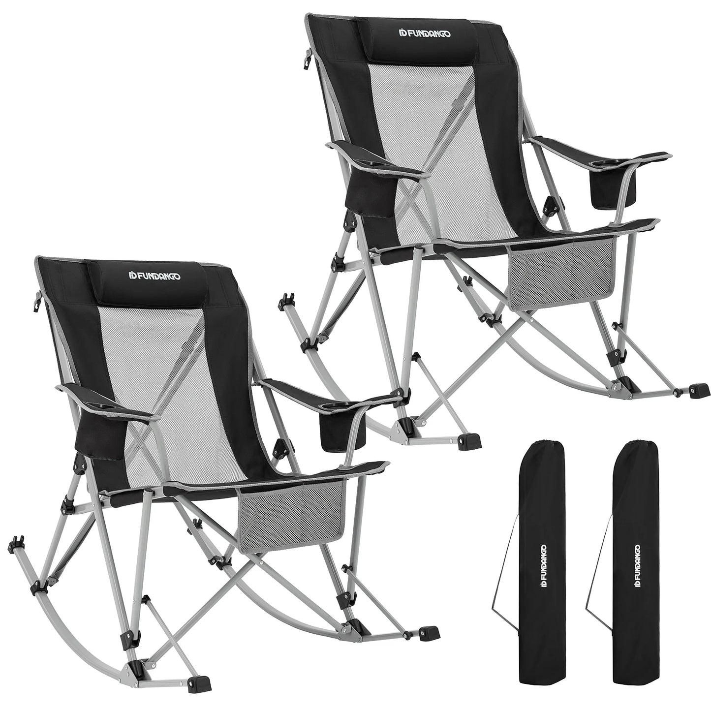 2 Pack Camping Rocking Chairs Folding Swing Chair Lounger with Headrest for Adult Support 220Lbs Black