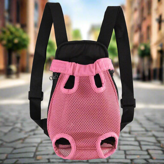 Pink pet carrier backpack with breathable mesh, adjustable straps, and lightweight design, ideal for small to medium-sized pets.