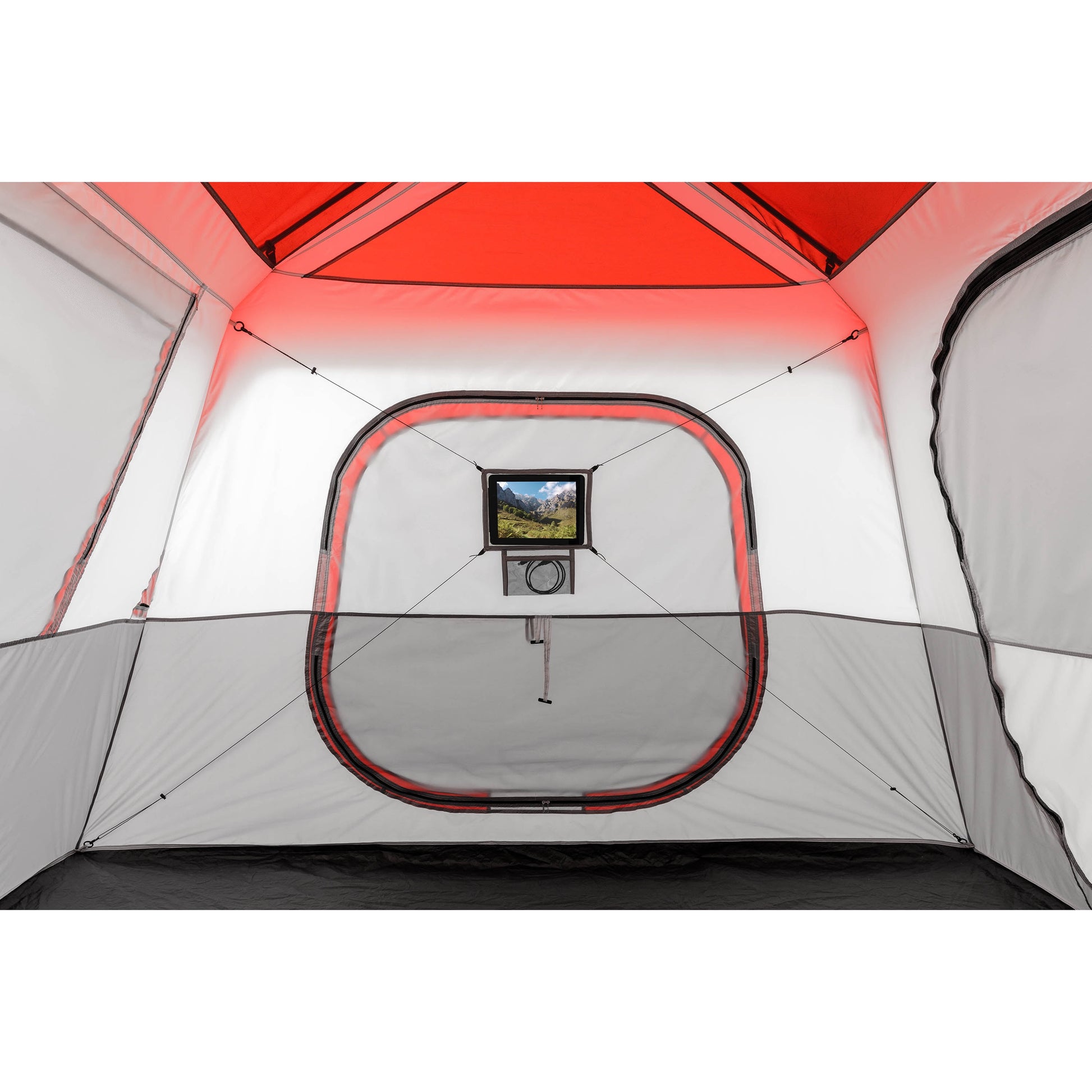 "8-Person Instant Cabin Tent set up in a campsite, showcasing its spacious interior, LED lighted poles, and durable design."

