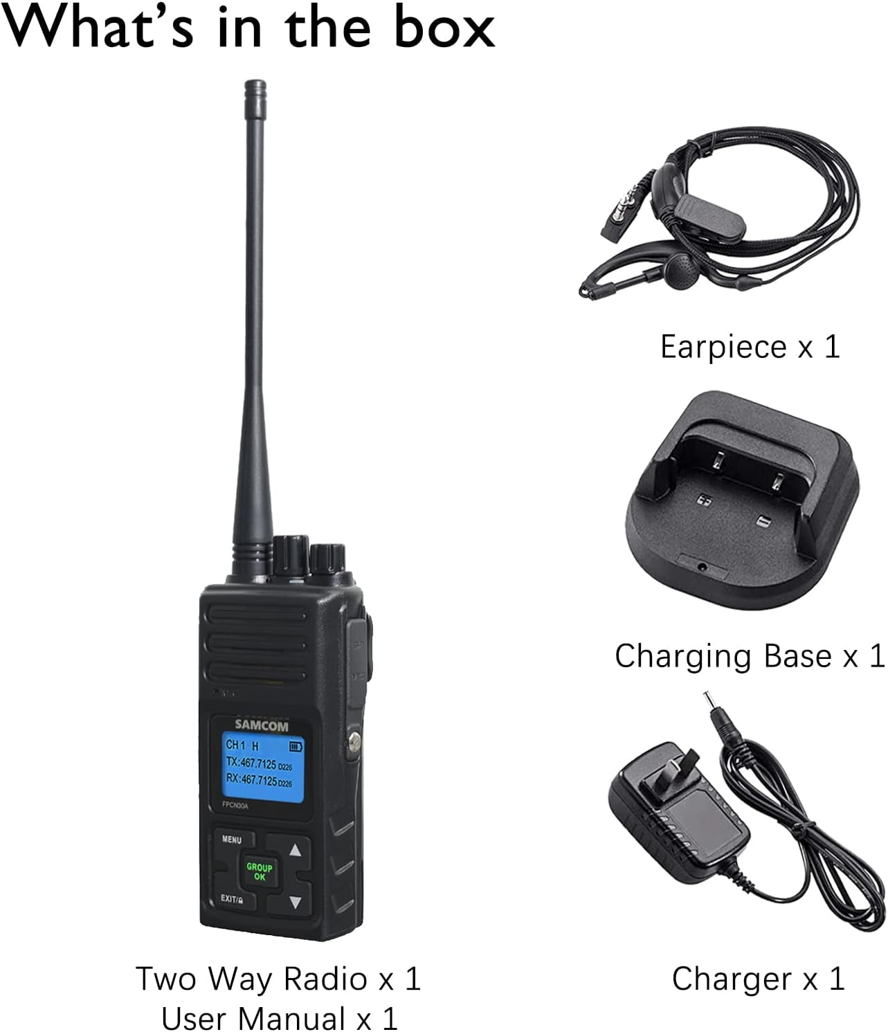 Image of SAMCOM long-range rechargeable radios (6 pcs), featuring a durable design, powerful signal penetration, and group communication capability, ideal for emergency preparedness and outdoor use, displayed on a clean white background.
