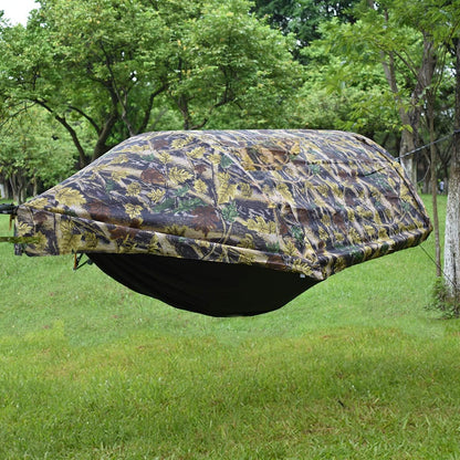 Image of the Camping Hammock with Mosquito Net & Rain Fly, featuring a durable design, heavy-duty capacity, and integrated protection, ideal for camping, hiking, and outdoor adventures, displayed on a clean white background.

