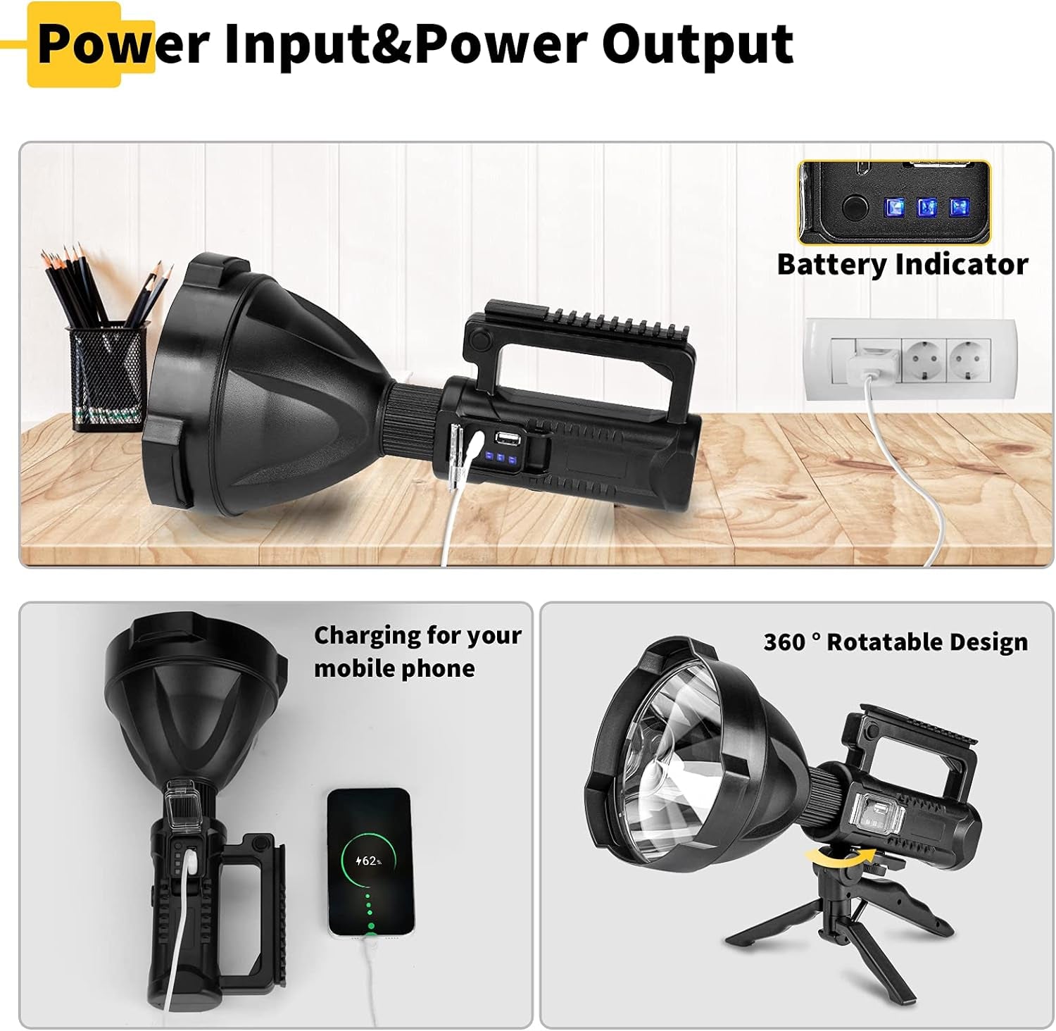 "Ultimate Super Bright Rechargeable LED Spotlight - 8000 lumens, 4 modes, waterproof design, tripod adapter, and USB cable included."
