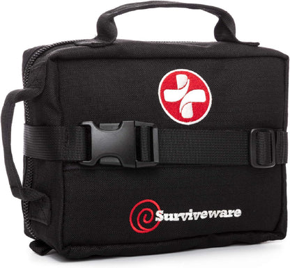 "Survivor's Choice Premium First Aid Kit - military-grade medical supplies in a water-resistant 600D case for emergencies and travel."
