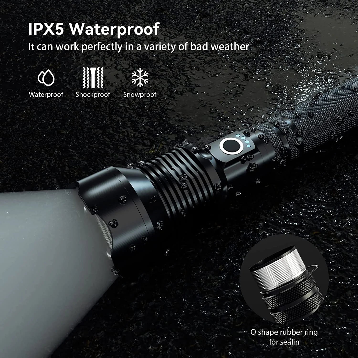 "90,000 Lumens Super Bright Rechargeable Waterproof Flashlight with 5 modes for outdoor adventures and emergencies."
