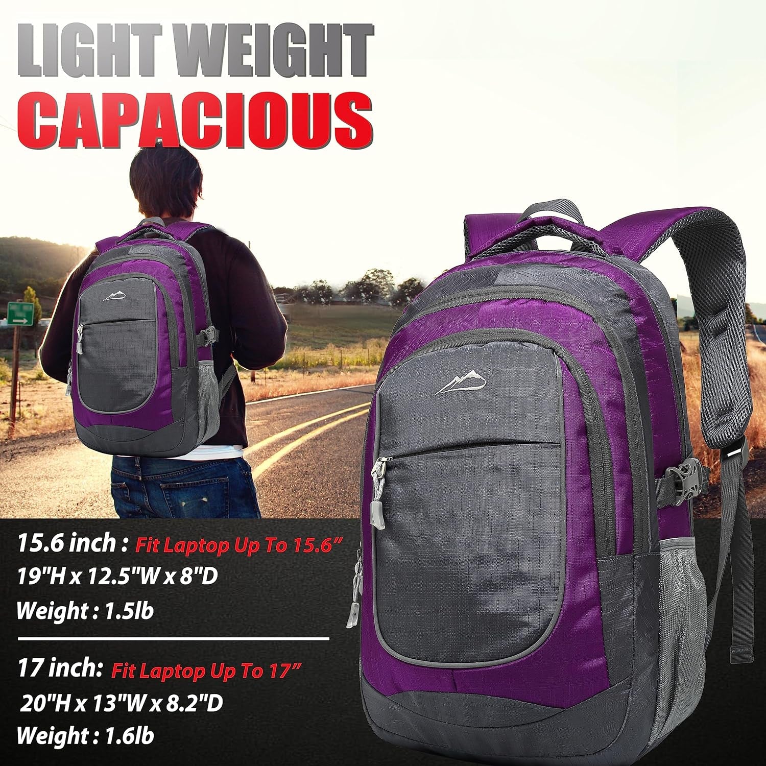 Proetrade Purple A Backpack - Stylish & Durable Bookbag for College, Travel & Hiking, Fits 15.6" Laptop, Multi-Compartment Design with Night Light & Reflective Details, Perfect Gift for Men & Women!
