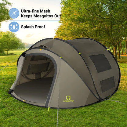 "4-Person Pop-Up Camp Tent - waterproof with large side screen windows and easy automatic setup in green."
