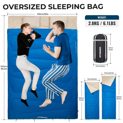 Image of a double sleeping bag with pillows in a lightweight design, featuring a 190T water-resistant shell, convertible into two singles, displayed on a clean white background.
