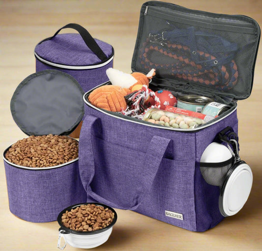 Ultimate pet travel backpack with food storage containers, foldable bowls, and adjustable straps, perfect for traveling with small to medium pets.