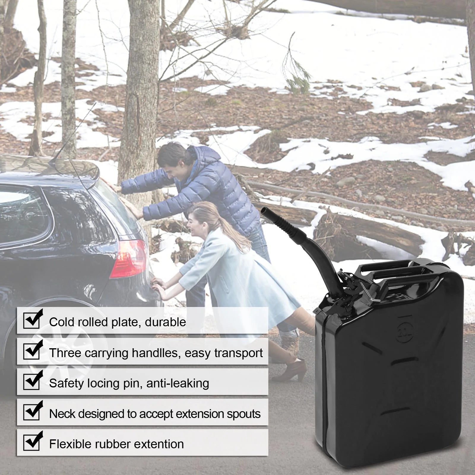 Portable  20L 5Gal Capacity, Emergency Backup Fuel Container, Black, US Standard