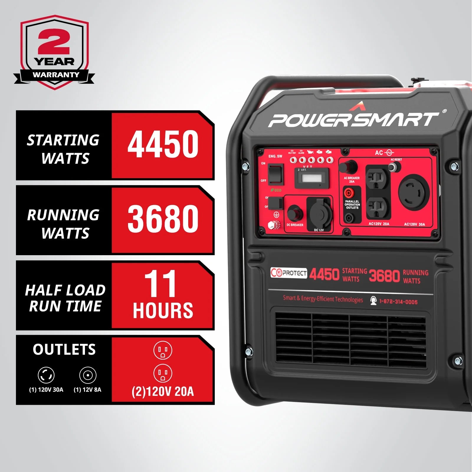 Image of a 4450-watt gas-powered inverter generator, featuring a compact design and EPA compliance, perfect for outdoor adventures and home backup, displayed on a clean white background.
