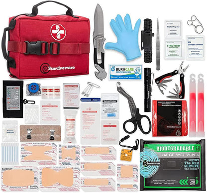 "Survivor's Choice Premium First Aid Kit - military-grade medical supplies in a water-resistant 600D case for emergencies and travel."
