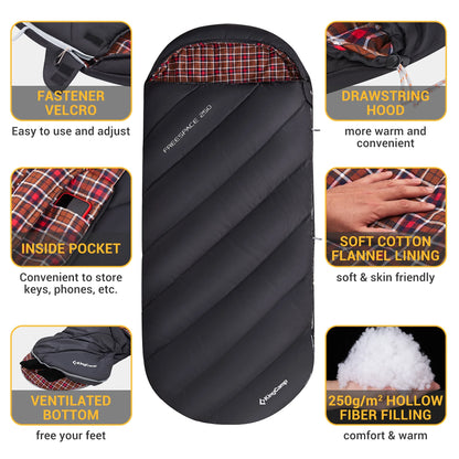 XL Sleeping Bag for Big & Tall Adults - Flannel Lining, Lightweight, Weather-Proof for All Seasons, Perfect for Camping & Backpacking - Cozy Black Design