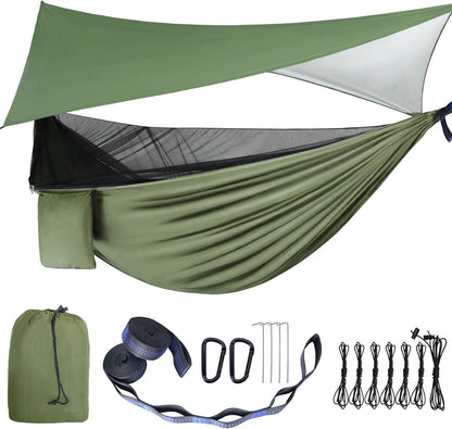 Ultimate Camping Hammock with Mosquito Net & Rain Fly – Portable Single/Double Nylon Parachute Hammock for Adventure & Relaxation, Complete with Heavy-Duty Tree Straps