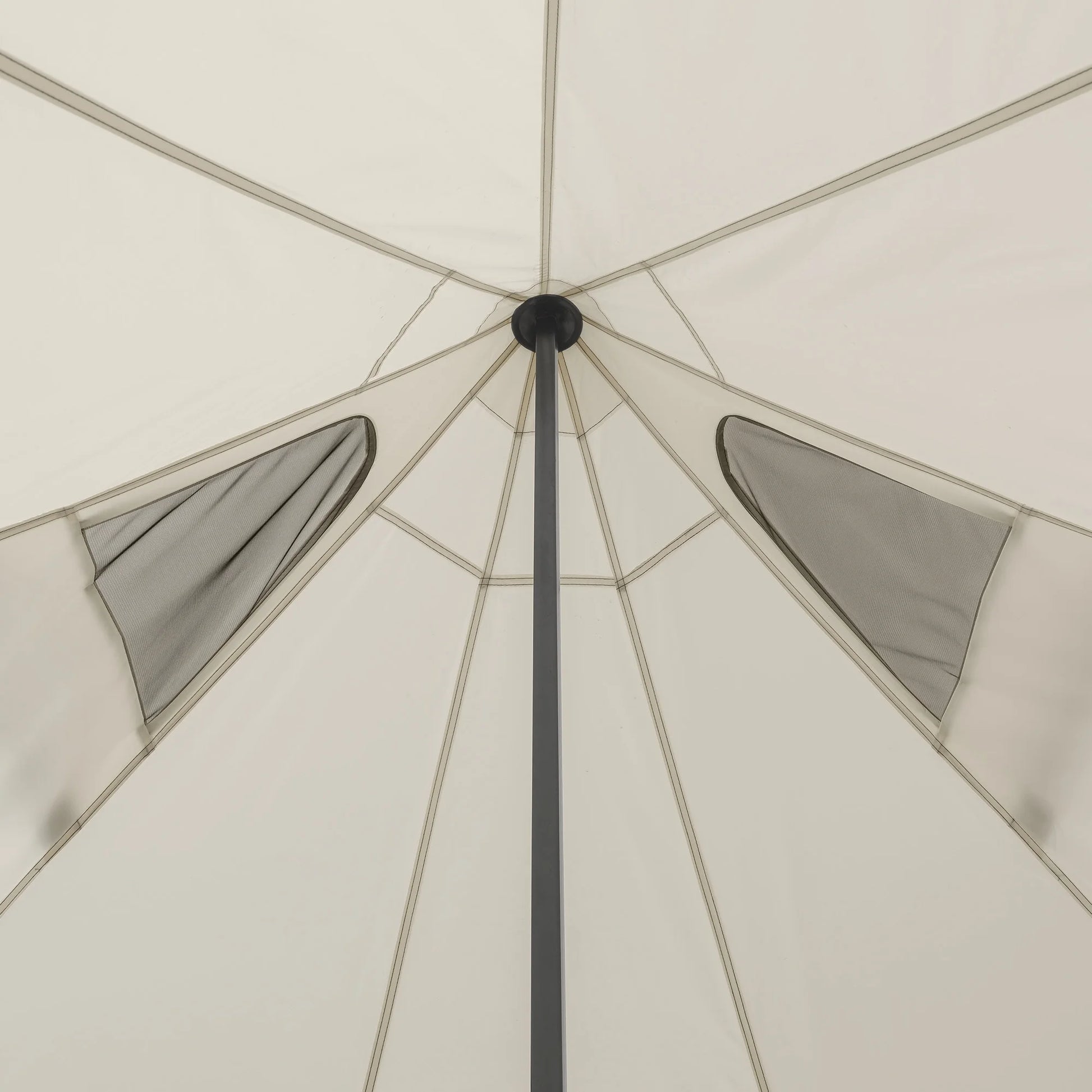 "8-Person Instant Cabin Tent set up in a campsite, showcasing its spacious interior, LED lighted poles, and durable design."
