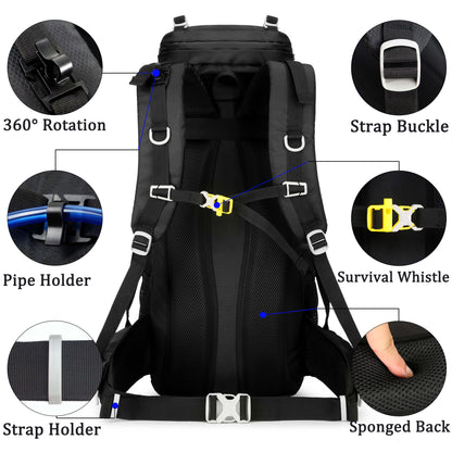"TrekMate 60L Waterproof Travel Backpack with rain cover - perfect for hiking, camping, and outdoor adventures."
