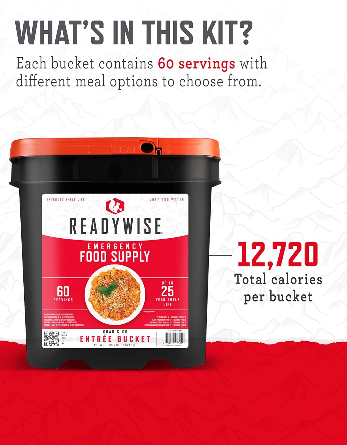 READYWISE - Entrée Grab & Go Bucket, 60 Servings, Emergency, MRE Supply, Premade, Freeze Dried Survival Food for Hiking, Adventure & Camping Essentials, Individually Packaged, 25 Year Shelf Life