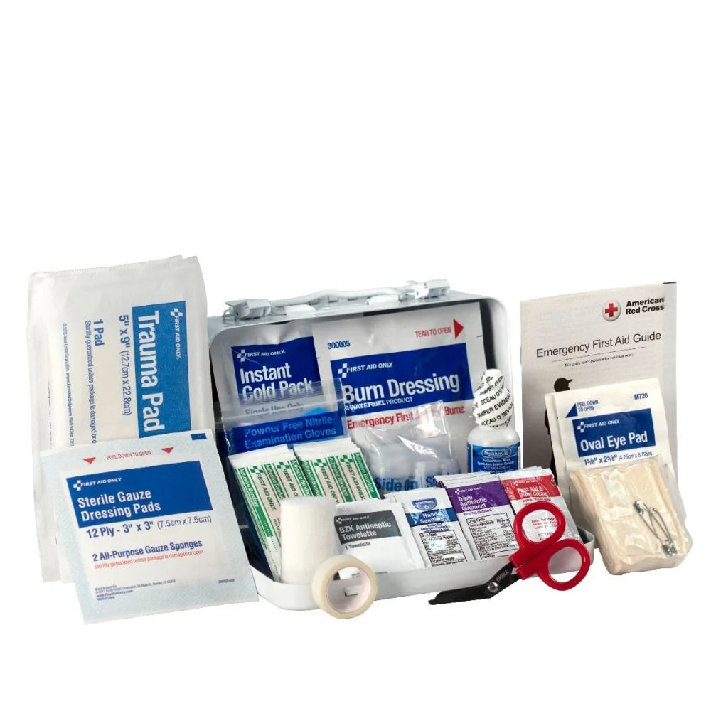 "ANSI Class A+ 351 First Aid Kit in a durable metal case with wall mount, showcasing its organized and OSHA-compliant design."
