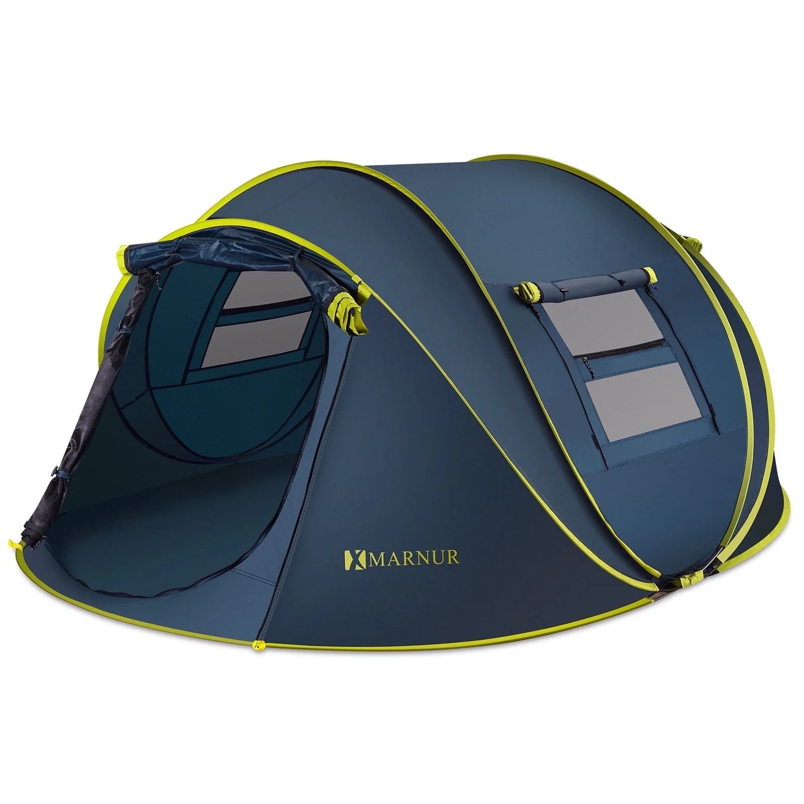 "4-Person Waterproof Pop-Up Instant Tent - spacious doors and windows, dark blue, perfect for camping."
