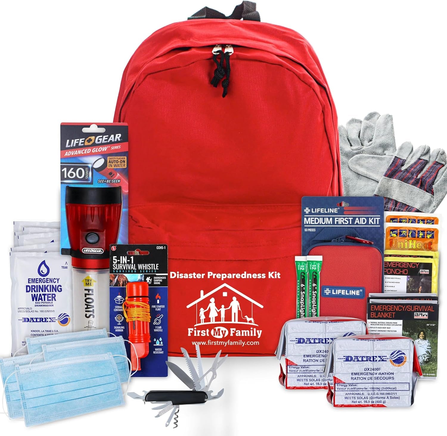 First My Family All-In-One Premium 2-Person Emergency Survival Kit | Hurricane & Earthquake Preparedness Supplies | Disaster Backpack with 72-Hour Survival Gear, First Aid, and More