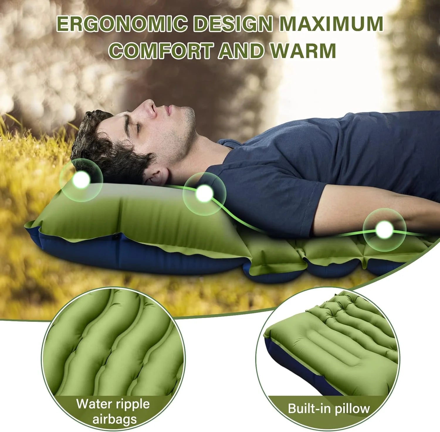 Image of a camping pad with a built-in pillow, featuring an extra-wide ripple air cell design, ultralight construction, and durable materials, ideal for backpacking and emergency preparedness, displayed on a clean white background.
