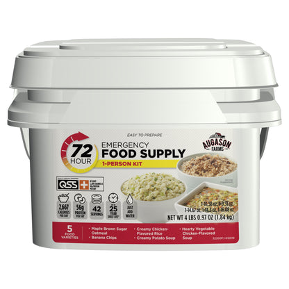 **Alt Text:**  
3-day emergency food supply kit with a 5-year shelf life. Prepackaged servings for easy storage, perfect for survival, camping, and emergency preparedness.

