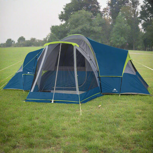 "10-Person Modified Dome Tent with Screen Porch set up in a forest campsite, showcasing its spacious design and inviting screen porch."

