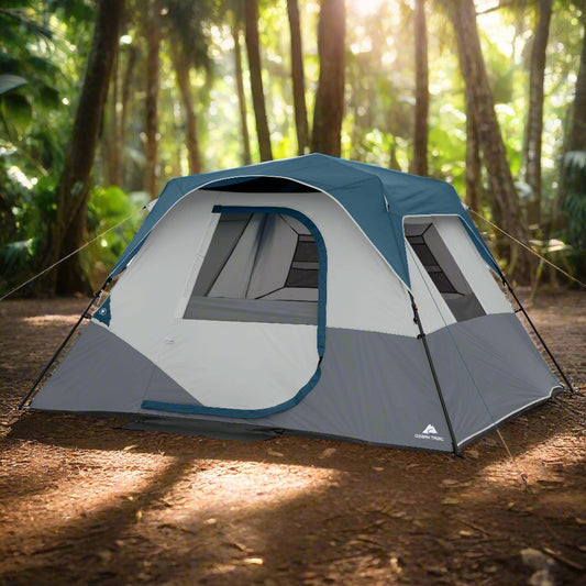 "Ozark Trail 6-Person Instant Cabin Tent with LED light - spacious 10' x 9' design for family camping comfort."
