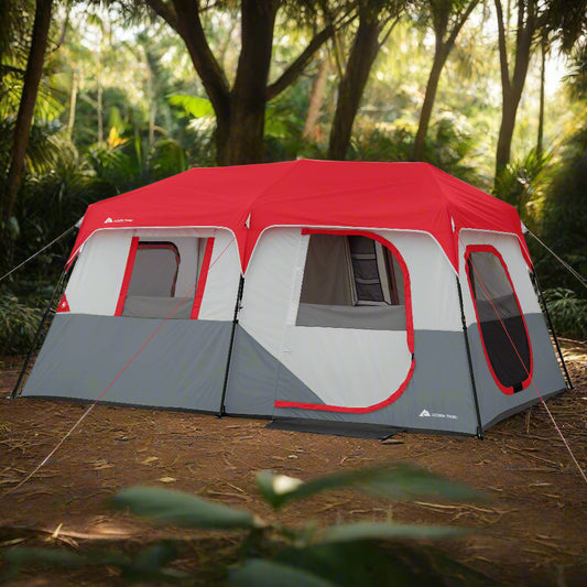 "8-Person Instant Cabin Tent set up in a campsite, showcasing its spacious interior, LED lighted poles, and durable design."
