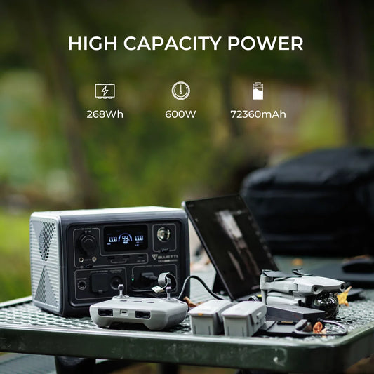 BLUETTI EB3A 600W portable solar generator with 268Wh capacity for camping, home, and emergency power needs.  
