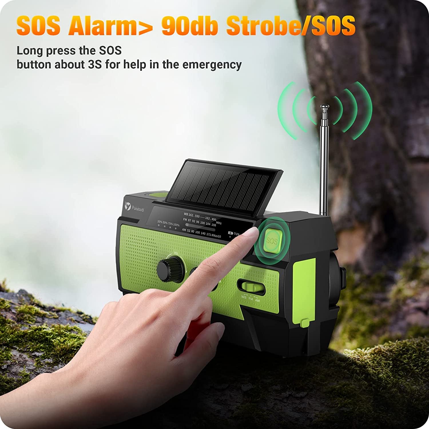 Image of the Puiuisoul 4000mAh weather radio, featuring a hand crank, solar charging panel, LED flashlight, and motion sensor reading lamp, displayed on a clean white background.
